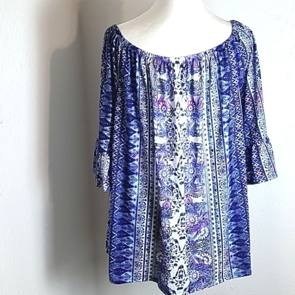 Avenue Blue & Purple Print Peasant Top, Size 14/16